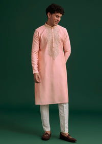 Peach Silk Hand Embroidered Yoke Kurta Set