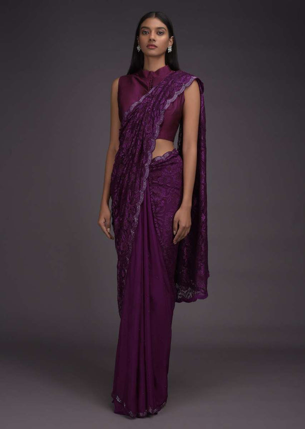 Byzantine Purple Half And Half Saree In Crepe And Floral Lace Embellished With Kundan Online - Kalki Fashion