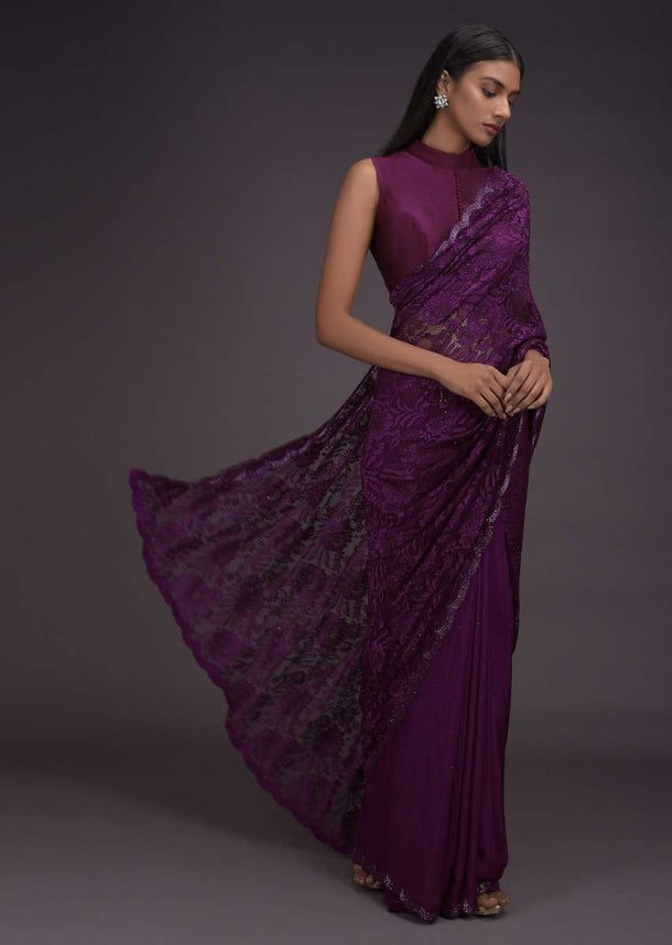 Byzantine Purple Half And Half Saree In Crepe And Floral Lace Embellished With Kundan Online - Kalki Fashion