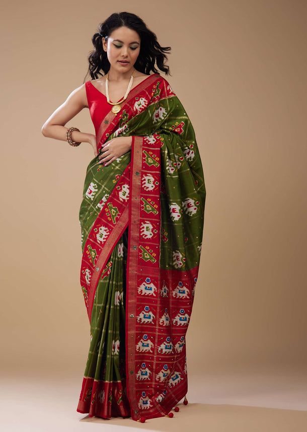 Army Green Patola Print Saree In Satin