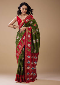 Army Green Patola Print Saree In Satin