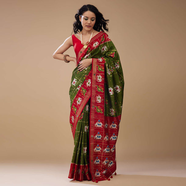 Army Green Patola Print Saree In Satin