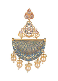 Cadet Blue And Gold Earrings In A Fan Like Motif With Crystals And Dangling Pearls  Online - Kalki Fashion