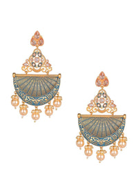 Cadet Blue And Gold Earrings In A Fan Like Motif With Crystals And Dangling Pearls  Online - Kalki Fashion