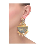 Cadet Blue And Gold Earrings In A Fan Like Motif With Crystals And Dangling Pearls  Online - Kalki Fashion