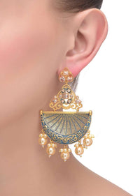 Cadet Blue And Gold Earrings In A Fan Like Motif With Crystals And Dangling Pearls  Online - Kalki Fashion