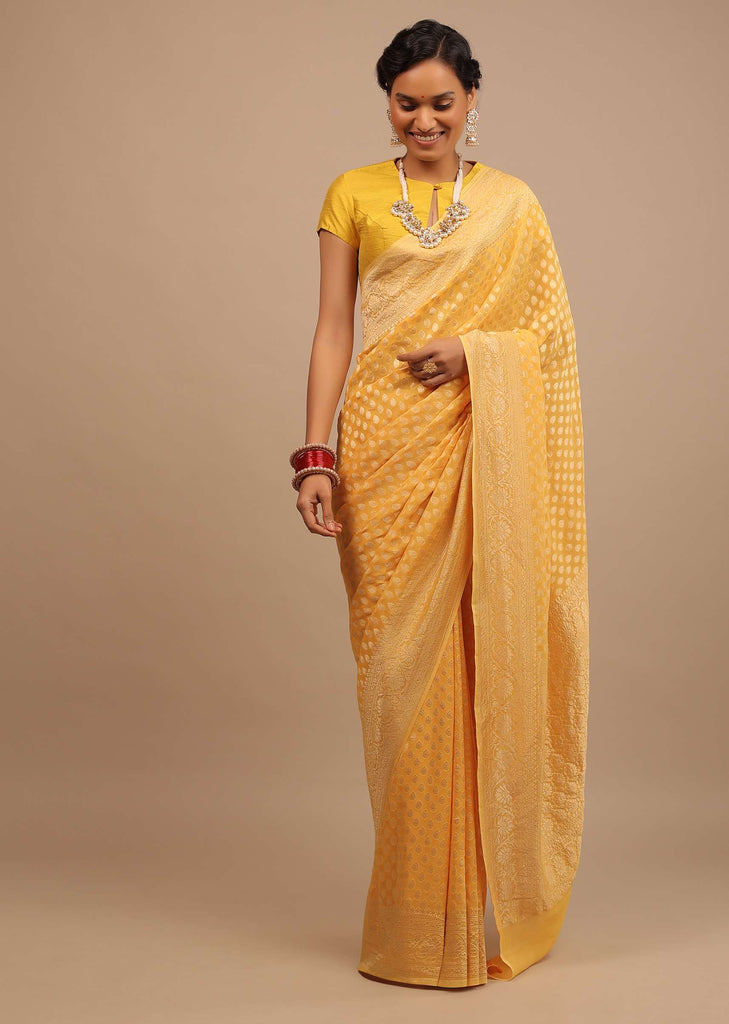 Marigold Yellow Saree With Woven Leaf Jaal Work