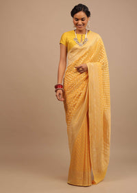 Marigold Yellow Saree With Woven Leaf Jaal Work