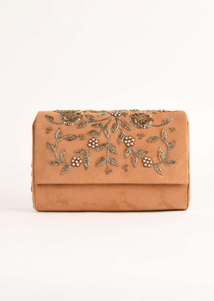 Camel Beige Clutch In Suede With Zardosi Embroidered Floral Motifs Online - Kalki Fashion