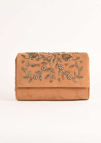 Camel Beige Clutch In Suede With Zardosi Embroidered Floral Motifs Online - Kalki Fashion