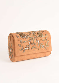 Camel Beige Clutch In Suede With Zardosi Embroidered Floral Motifs Online - Kalki Fashion