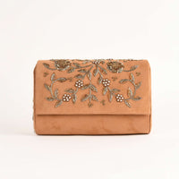 Camel Beige Clutch In Suede With Zardosi Embroidered Floral Motifs Online - Kalki Fashion