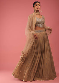 Camel Brown Crop Top And Lehenga Set In Gold Sequins Embroidery, Crafted In Georgette With Sequins Fringes On The Border Of The Lehenga