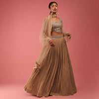 Camel Brown Crop Top And Lehenga Set In Gold Sequins Embroidery, Crafted In Georgette With Sequins Fringes On The Border Of The Lehenga