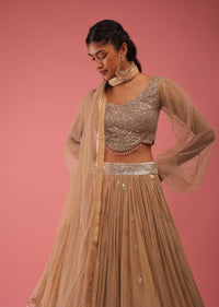 Camel Brown Crop Top And Lehenga Set In Gold Sequins Embroidery, Crafted In Georgette With Sequins Fringes On The Border Of The Lehenga