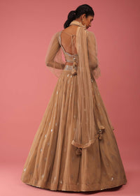 Camel Brown Crop Top And Lehenga Set In Gold Sequins Embroidery, Crafted In Georgette With Sequins Fringes On The Border Of The Lehenga