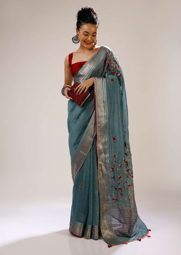 Cameo Blue Saree In Tussar Silk With Multicolored Bud Hand Embroidered Roses And Running Stich Design