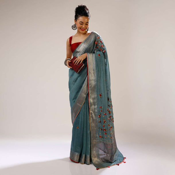 Cameo Blue Saree In Tussar Silk With Multicolored Bud Hand Embroidered Roses And Running Stich Design