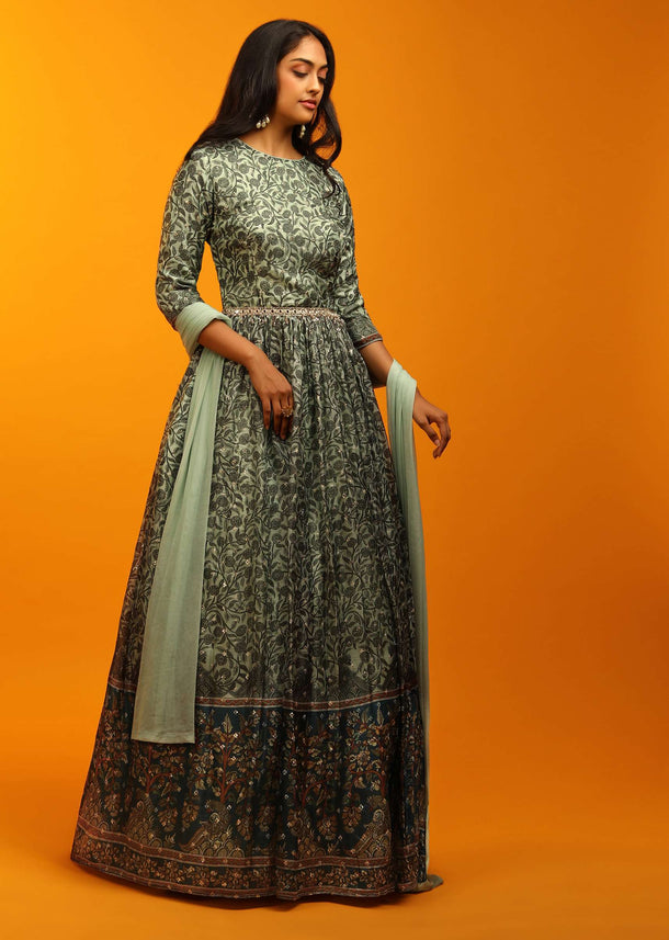 Cameo Green Anarkali Suit With Floral And Peacock Print And Mirror Embroidered Waistline