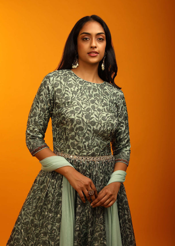 Cameo Green Anarkali Suit With Floral And Peacock Print And Mirror Embroidered Waistline