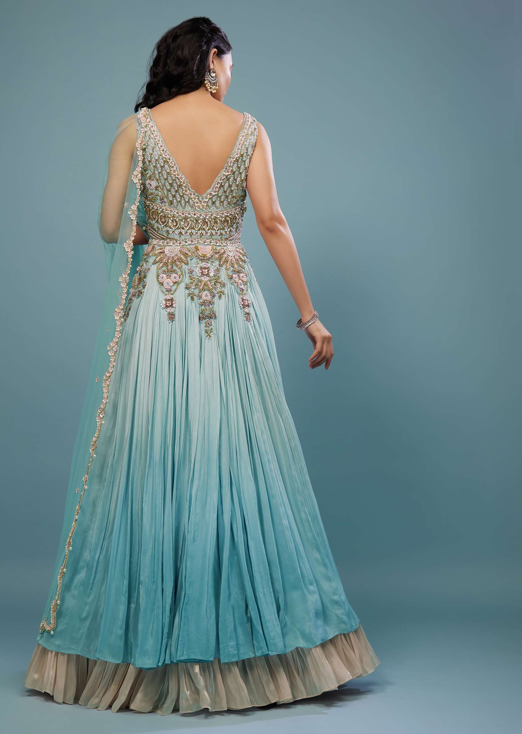 Mint Blue Embroidered Anarkali Suit In Crepe