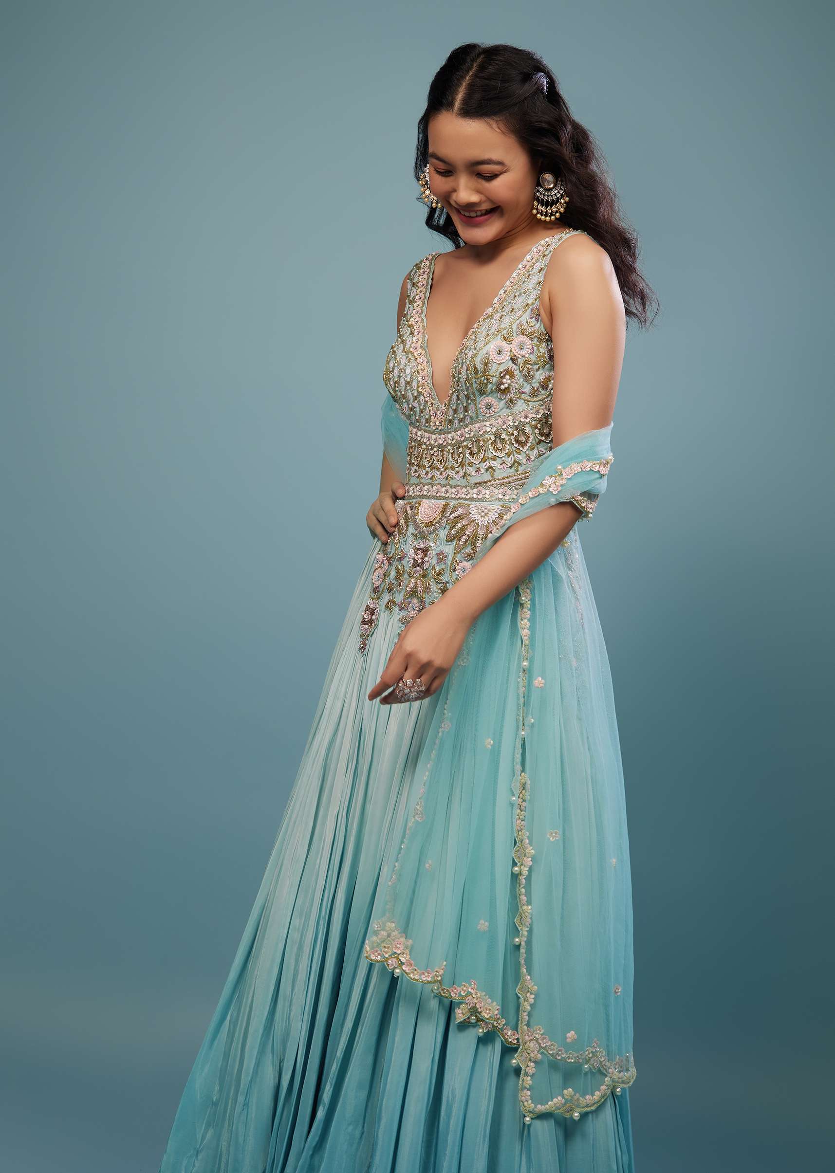 Mint Blue Embroidered Anarkali Suit In Crepe