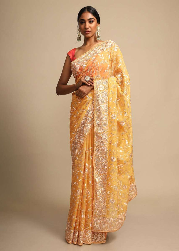 Canary Yellow Saree In Georgette With Resham Embroidered Floral Jaal Online - Kalki Fashion