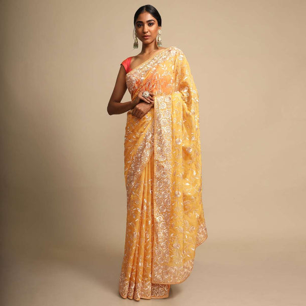 Canary Yellow Saree In Georgette With Resham Embroidered Floral Jaal Online - Kalki Fashion