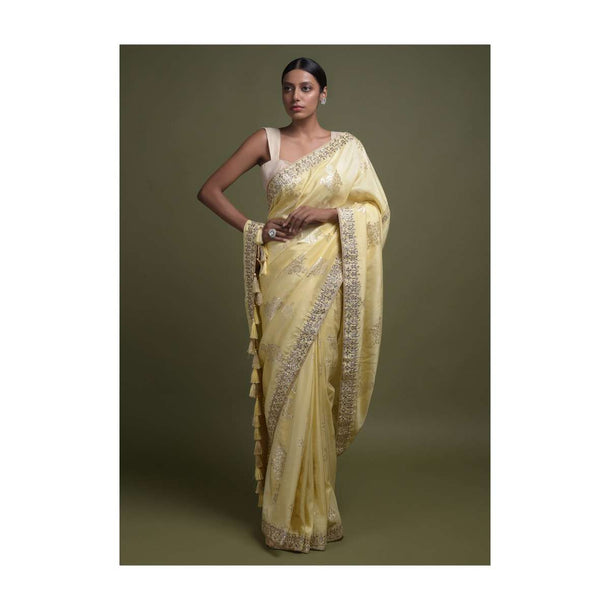 Canary Yellow Saree In Silk Blend With Weaved Floral Motifs In Repeat Pattern Online - Kalki Fashion