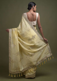 Canary Yellow Saree In Silk Blend With Weaved Floral Motifs In Repeat Pattern Online - Kalki Fashion