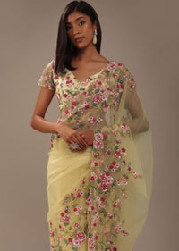 Canary Yellow 3D Floral Embroidered Organza Saree