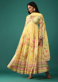 Canary Yellow Anarkali In Georgette With Cut Dana Embroidery