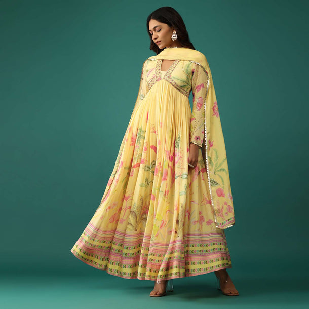 Canary Yellow Anarkali In Georgette With Cut Dana Embroidery