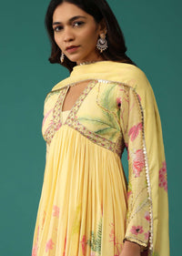 Canary Yellow Anarkali In Georgette With Cut Dana Embroidery