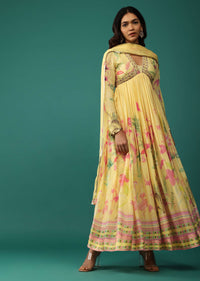 Canary Yellow Anarkali In Georgette With Cut Dana Embroidery