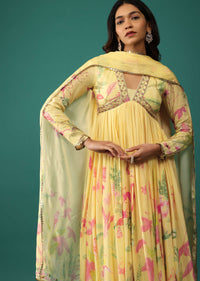 Canary Yellow Anarkali In Georgette With Cut Dana Embroidery