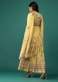 Canary Yellow Anarkali In Georgette With Cut Dana Embroidery