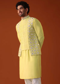 Canary Yellow Embroidered Jacket Kurta Set In Silk