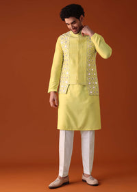 Canary Yellow Embroidered Jacket Kurta Set In Silk