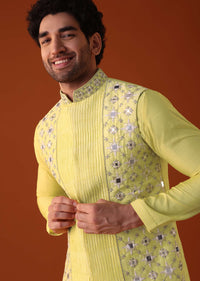 Canary Yellow Embroidered Jacket Kurta Set In Silk