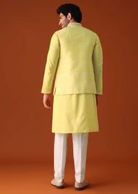 Canary Yellow Embroidered Jacket Kurta Set In Silk