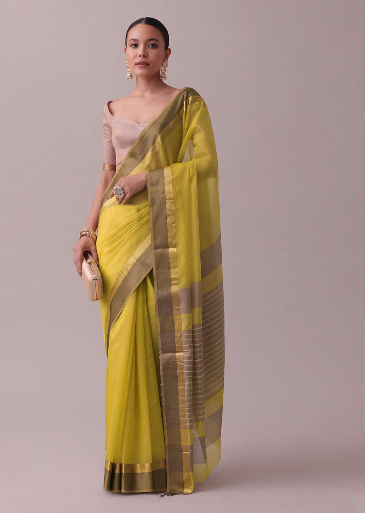 Canary Yellow Handloom Chanderi Silk And Cotton Saree With Zari Work