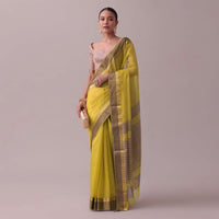 Canary Yellow Handloom Chanderi Silk And Cotton Saree With Zari Work