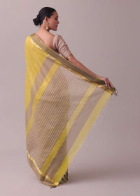 Canary Yellow Handloom Chanderi Silk And Cotton Saree With Zari Work