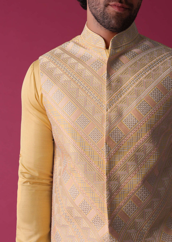 Canary Yellow Jacket Kurta Set In Art Silk With Threadwork