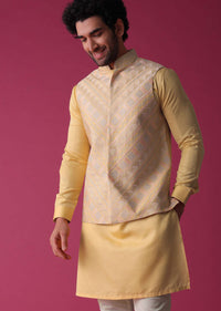 Canary Yellow Jacket Kurta Set In Art Silk With Threadwork