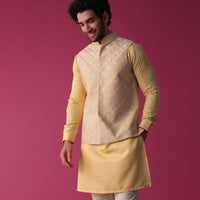 Canary Yellow Jacket Kurta Set In Art Silk With Threadwork