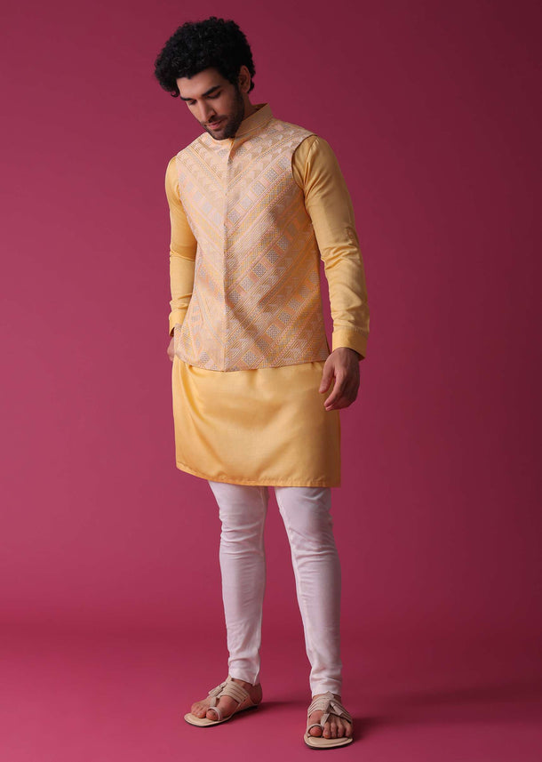 Canary Yellow Jacket Kurta Set In Art Silk With Threadwork