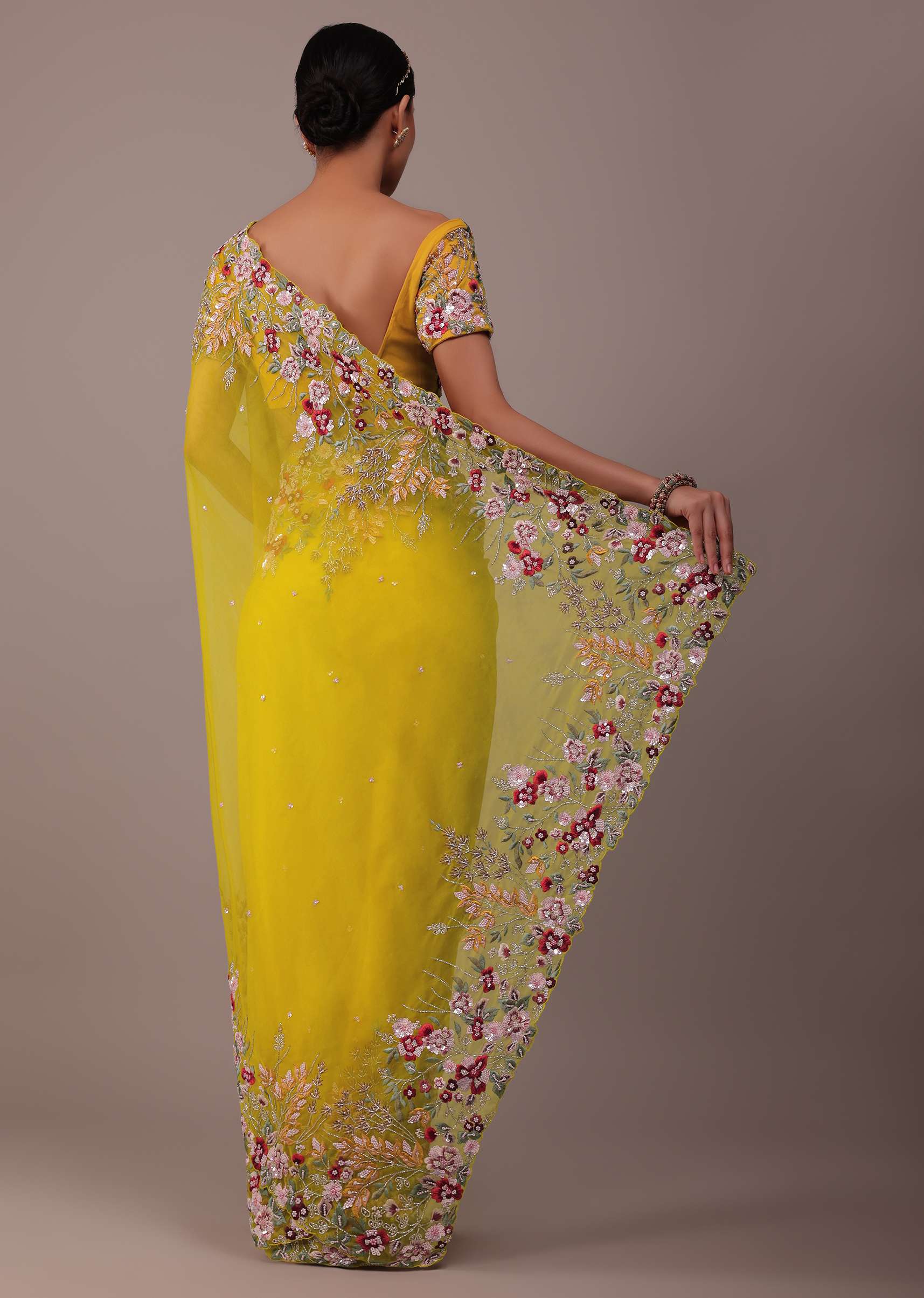 Canary Yellow Organza Saree With 3D Floral Embroidery