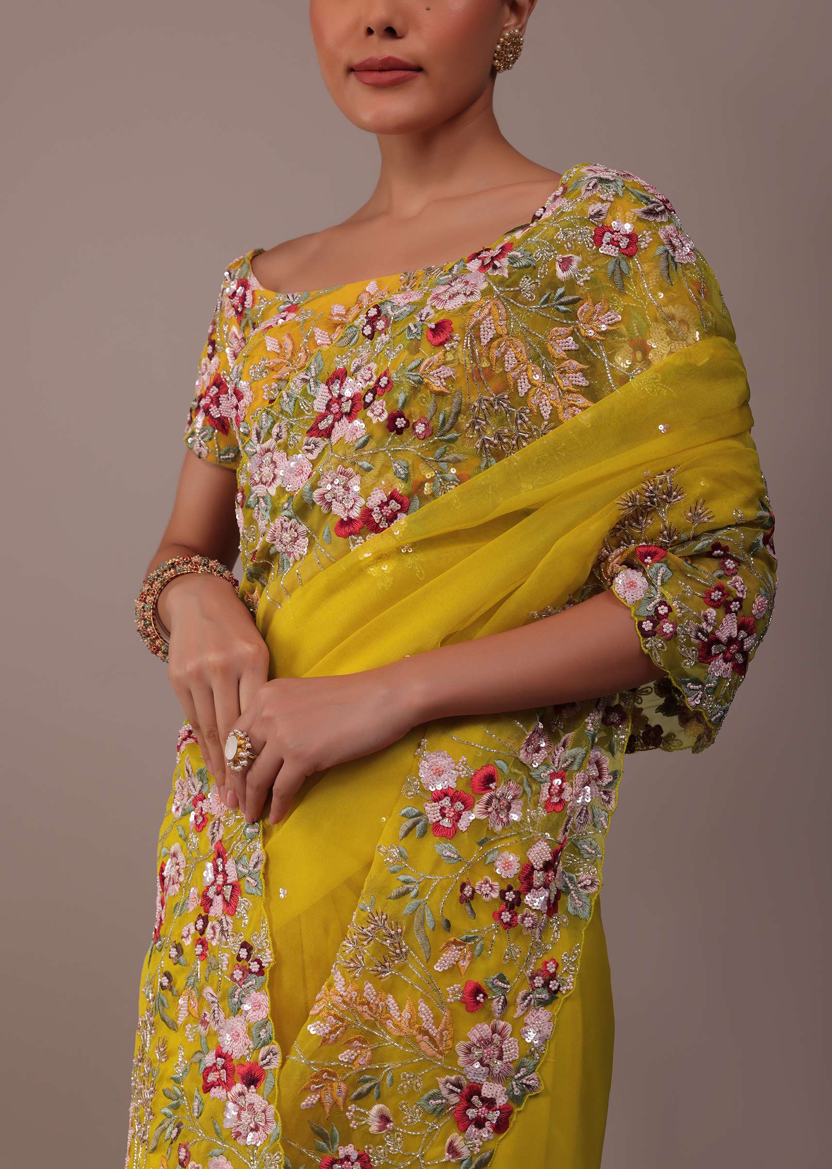 Canary Yellow Organza Saree With 3D Floral Embroidery